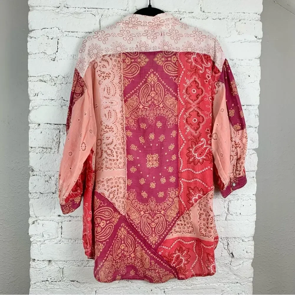 Free People Red and Cream Patchwork Bandana Button-Up Blouse